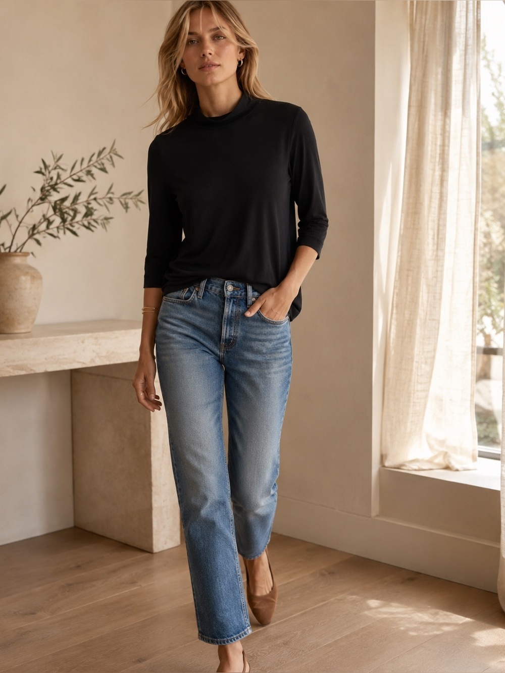 Vince Black Mock Neck Knit Top Three Quarter Sleeve Minimalist S